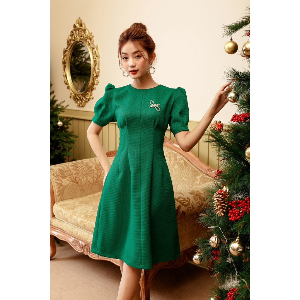 Đầm thiết kế CHARMO cổ tròn nhún ngực tay phồng Pleated Line Dress