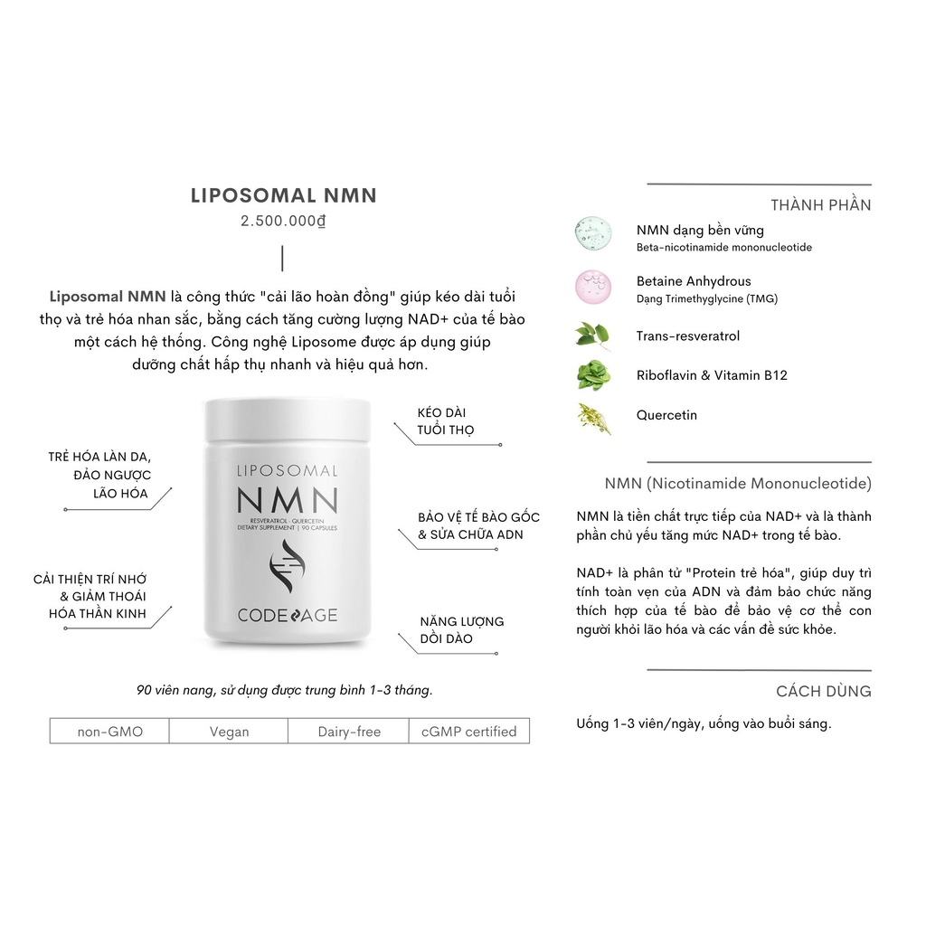 Hàng công ty | Viên chống lão hóa trẻ hóa da CodeAge Liposomal NMN, 90 Capsules | Made in USA | GYMSTORE