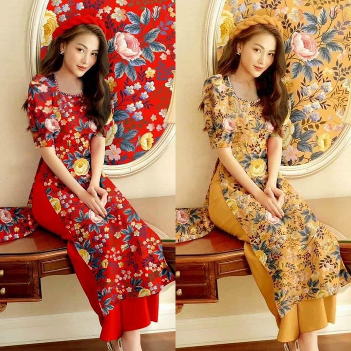 SET ÁO DÀI + TẶNG QUẦN LỤA KIỂU DÁNG CÁCH TÂN CỔ CƯỜM [HÀNG XUẤT NHẬT-HÀN QUỐC]