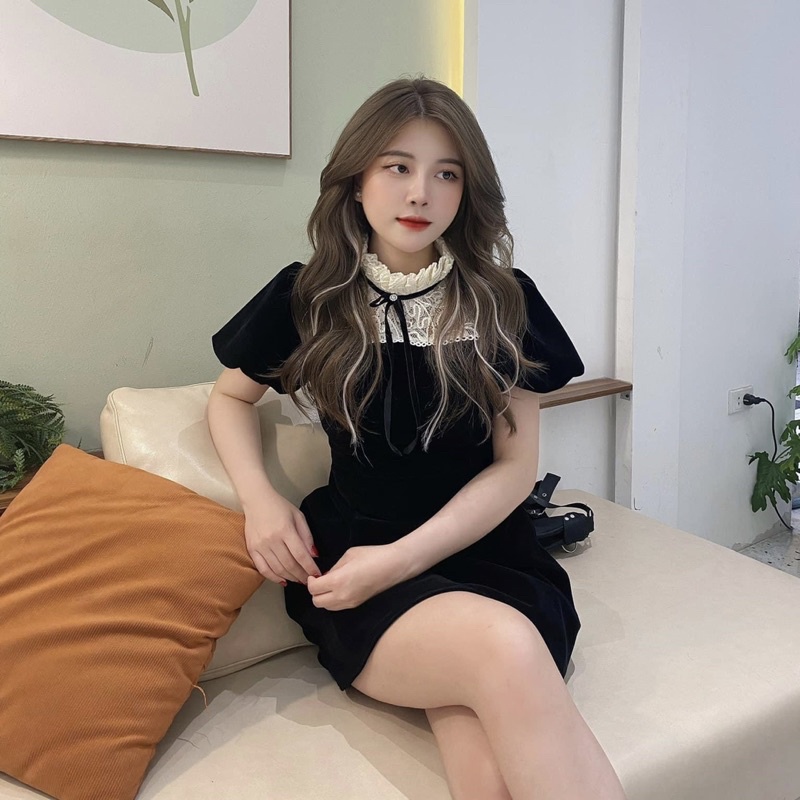 Váy Nhung Phối Ren Cổ Nơ Tay Bồng 2 Màu Đỏ Đen Siêu Xinh
