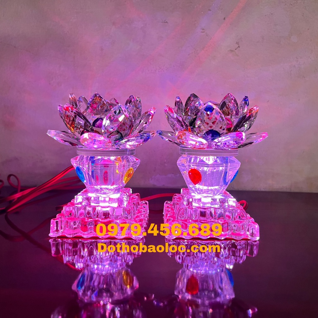 Đèn thờ hoa sen pha lê đèn led hoa sen đổi màu đẹp lung linh cao 12cm