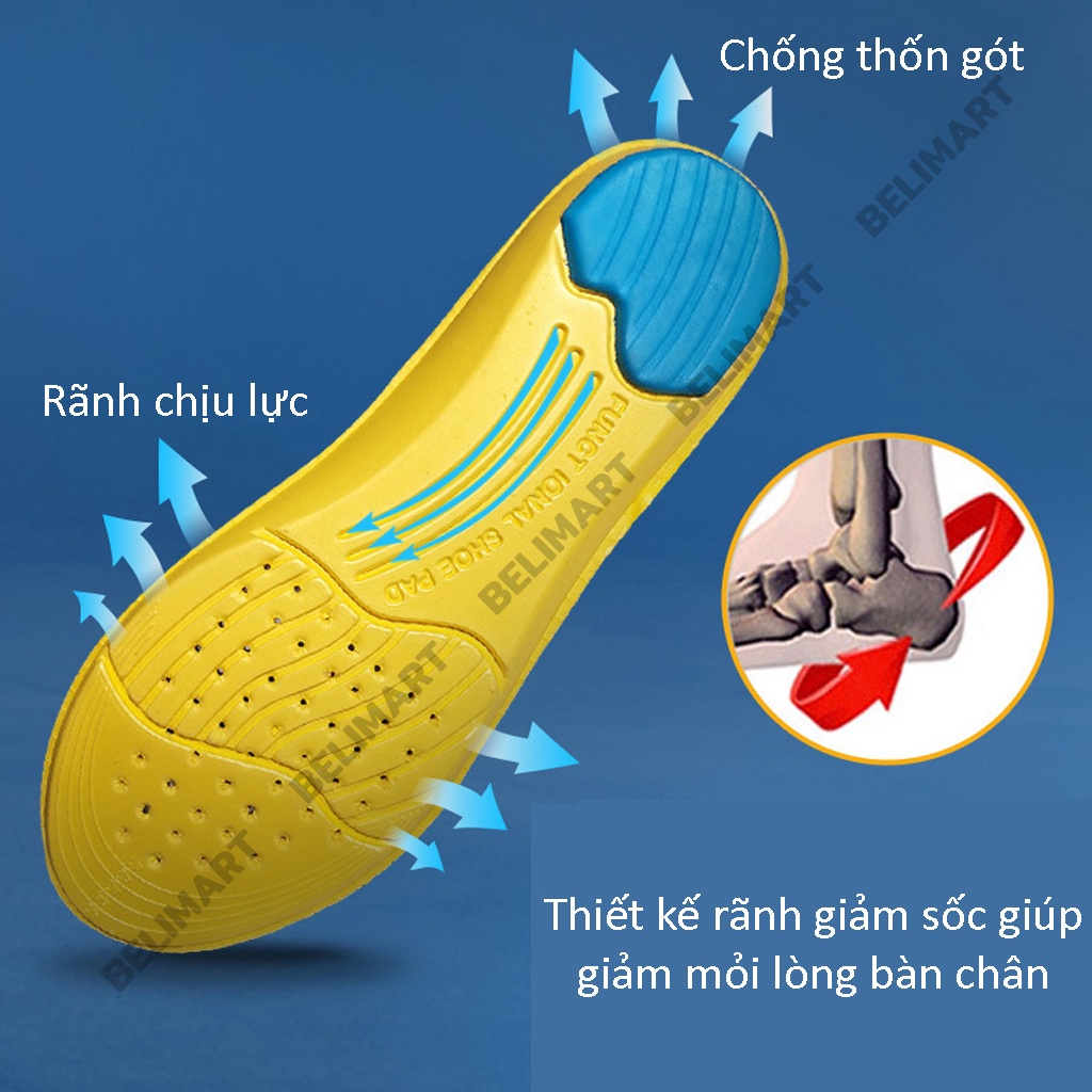 Lót giày thể thao nam nữ êm chân, thoáng khí, khử mùi hôi chân, có gel chống thốn gót Belimart PK26