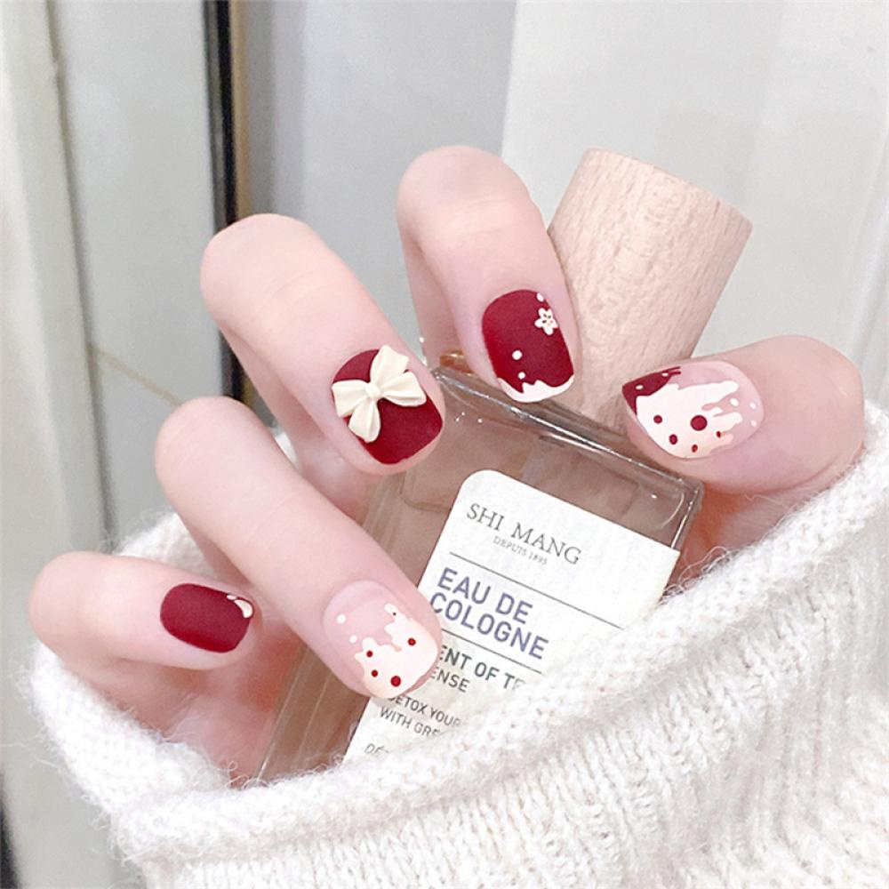 Bộ 24 Móng Tay Giả Ngắn Hình Nơ / Trái Tim Màu Xanh Dương K6P8