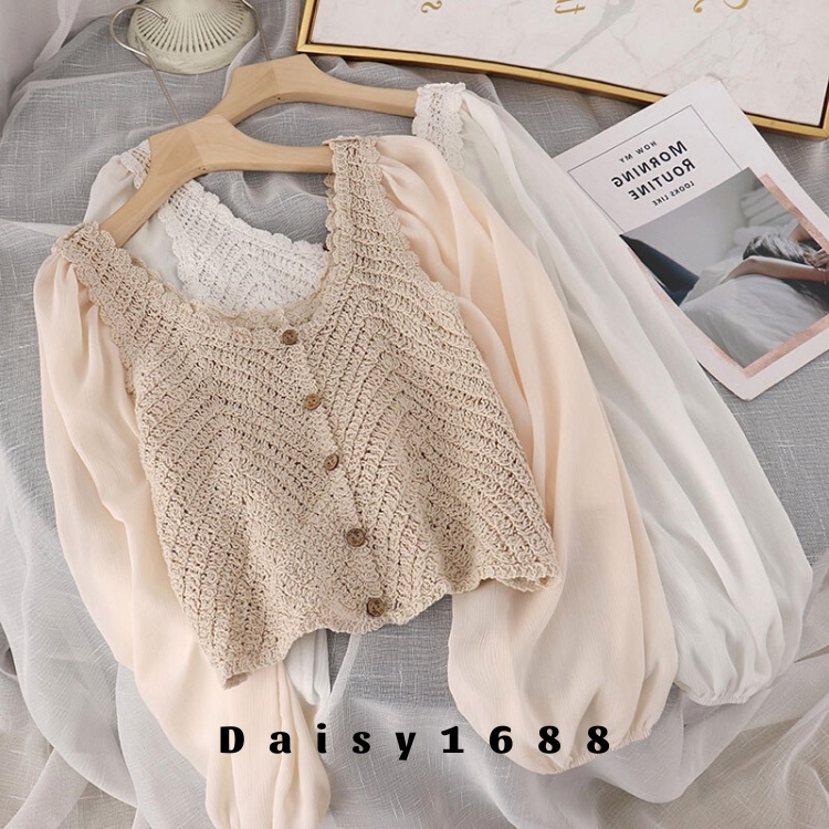 Áo Kiểu Basic Phối Voan Dài Tay Thanh Lịch Cho Nữ, Có Sẵn Daisy1688