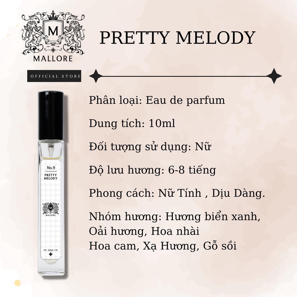 Nước hoa nữ Pretty Melody hương thơm dịu dàng, tinh tế, gợi cảm 3ml dạng xịt tiện lợi Mallore