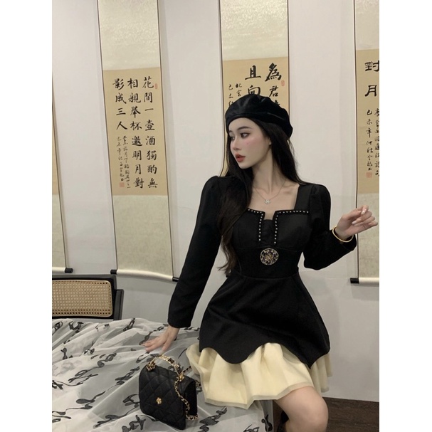 Váy Đầm Thiết Kế Nữ Ngắn Kiểu Pháp Hepburn Tay Dài Màu Đen Phối Với Váy Xoè Màu Kem Sang Trọng Tiểu Thư Hàng Quảng Châ