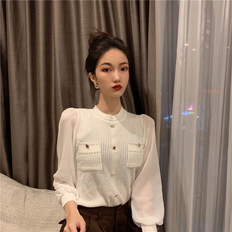 Aphrod Áo Sweater Dệt Kim Chiffon Cổ Tròn Khoét Rỗng Phối Màu Tương Phản Đơn Giản Thời Trang Cho Nữ