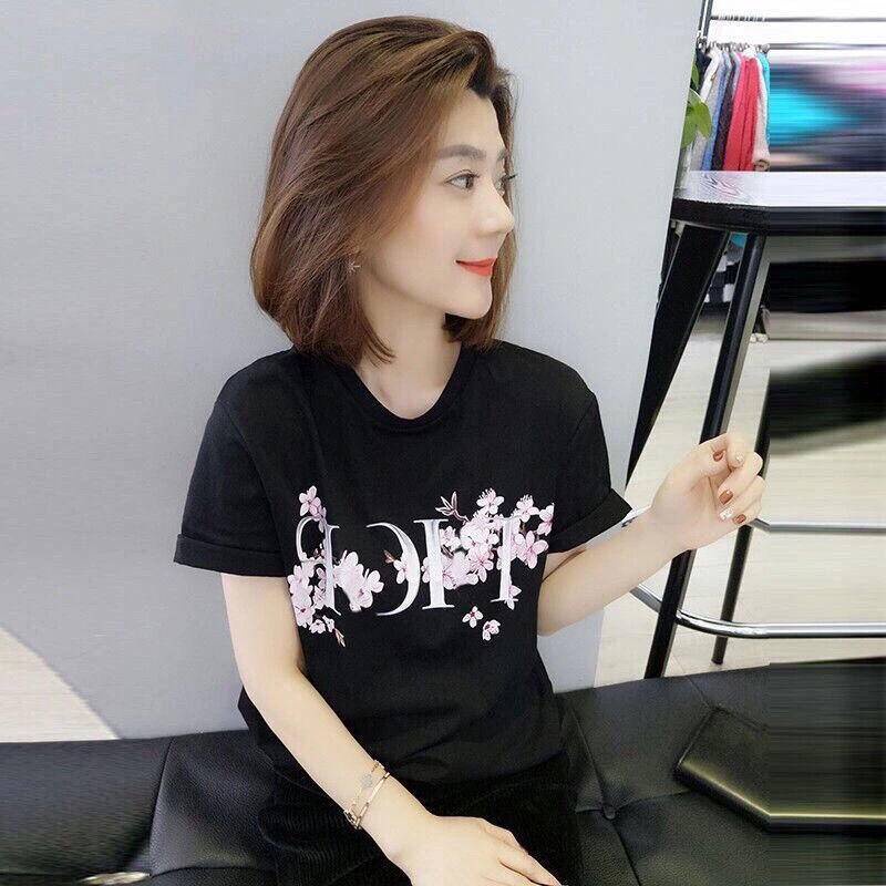 Áo Sơ Mi DIOR Vải Cotton Cổ Tròn Tay Ngắn Dáng Rộng Họa Tiết Hoa Màu Hồng Phong Cách Âu Mỹ Chất Lượng Cao Cho Nam Và Nữ