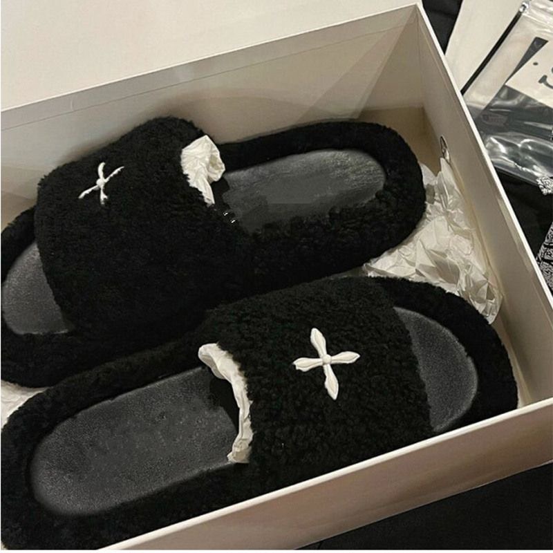 Dép bông hình chữ thập màu đen đi chơi đi trong nhà dành cho nữ