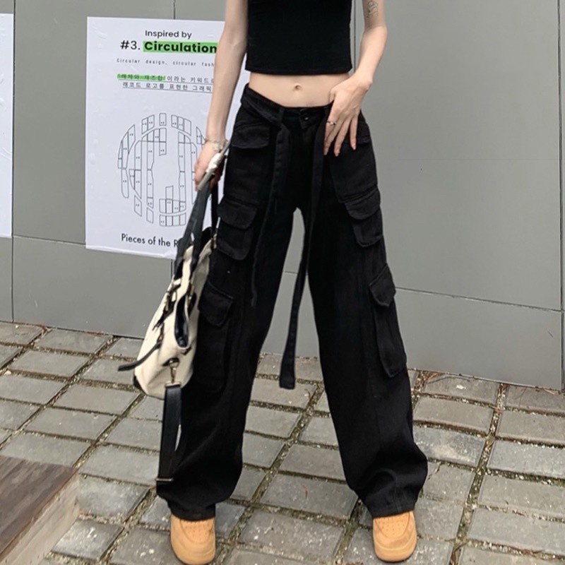 Quần kaki ống rộng unisex , quần túi hộp nam nữ , cargo pants box đen trơn phong cách hiphop - gin store