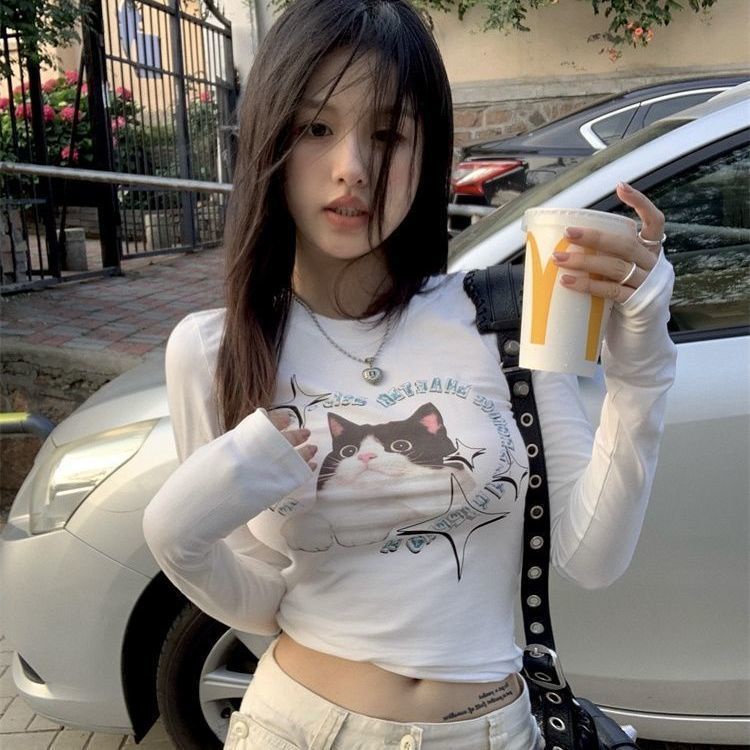 Áo Thun Croptop Mỏng Tay Dài In Hình Mèo Thời Trang Mùa Thu 2022 Y2K