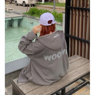 Áo khoác hoodie zip , hoodie zip chữ woowi màu xám đậm form rộng
