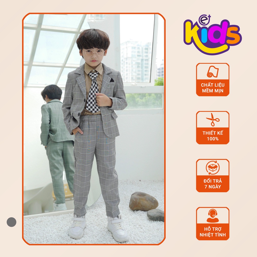 Bộ vest bé trai kẻ caro 4 món áo vest, quần, sơ mi, cà vạt chất liệu vải tuytsi cao cấp (DK08)