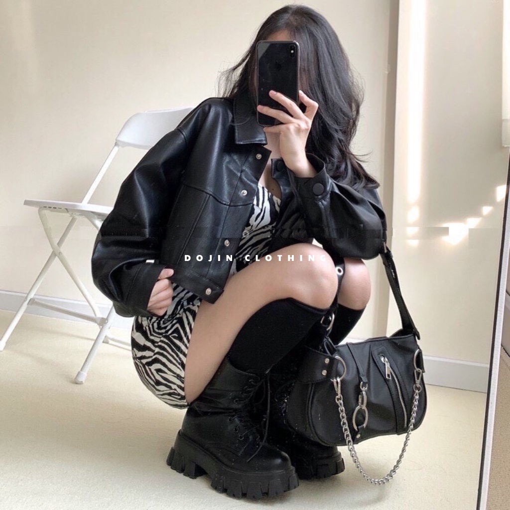 Áo khoác da dáng lửng màu đen style cá tính cool ngầu