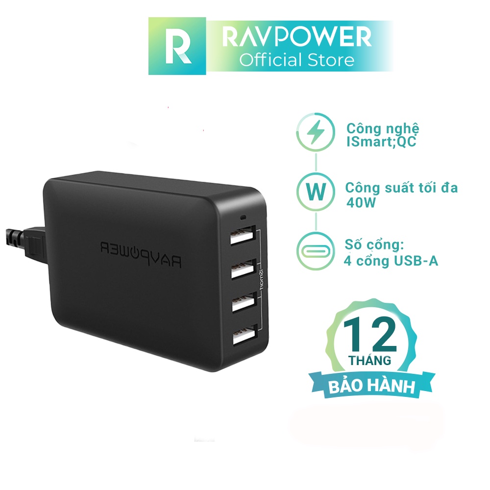 Sạc RAVPower RP-UC07, 4 cổng USB, 40W, 8A, sạc nhanh iSmart