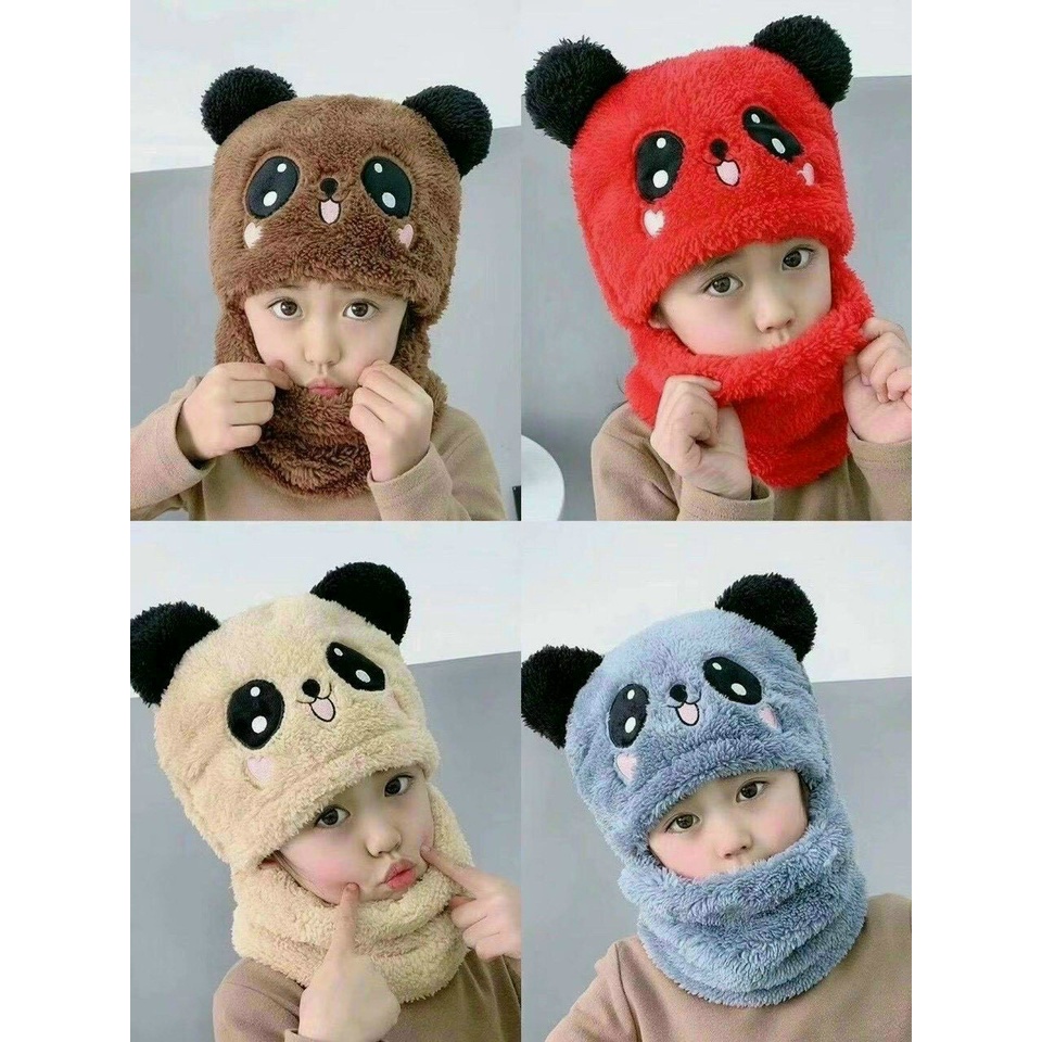 Mũ lông trùm đầu tai gấu PANDA dễ thương liền khăn cổ giữ ấm chống gió lạnh mùa đông cho bé