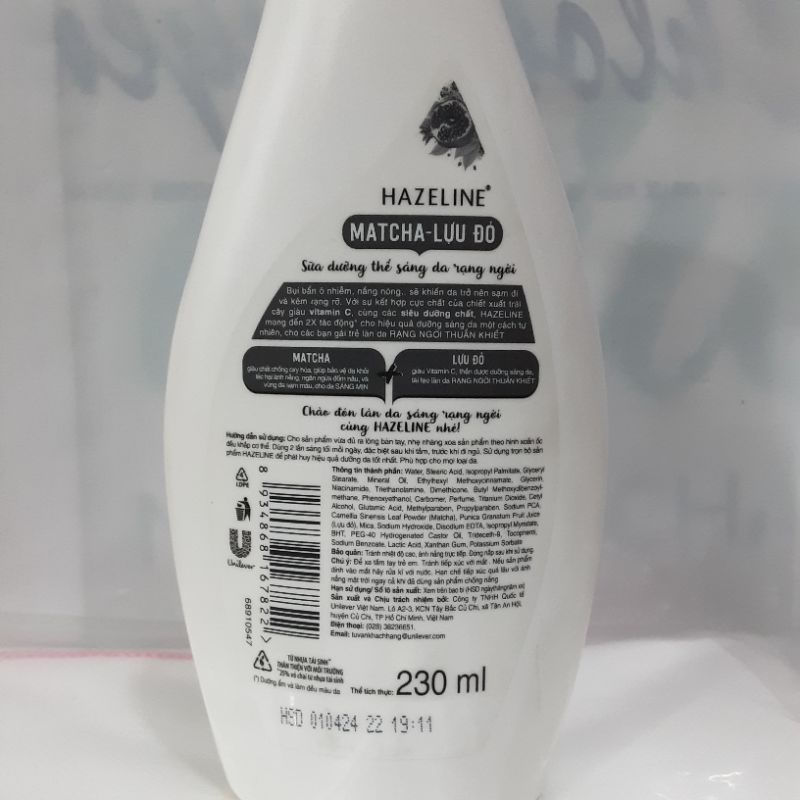 Sữa dưỡng thể dưỡng trắng Hazeline Matcha Lựu Đỏ 230ml