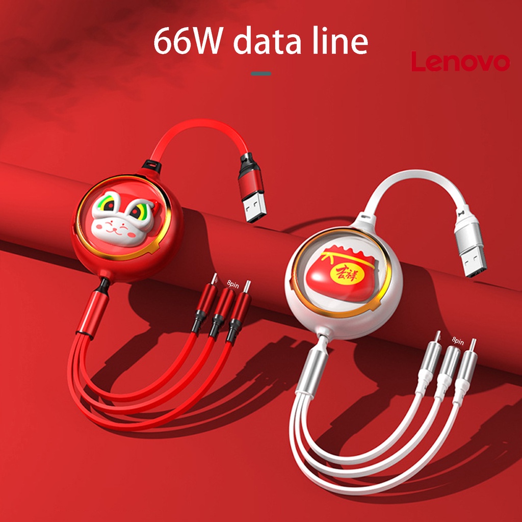 Dây cáp sạc truyền dữ liệu LENOVO KC-5A 3 trong 1 chống rối 8 chấu Type C Micro USB họa tiết mèo may mắn cho điện thoại