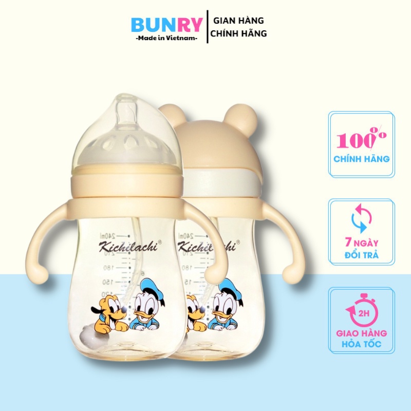 Bình sữa 2 in1 cổ rộng Kichi Tritan có tay cầm chống sặc đầy hơi cho bé, bình nước có ống hút làm từ silicone Bunry shop