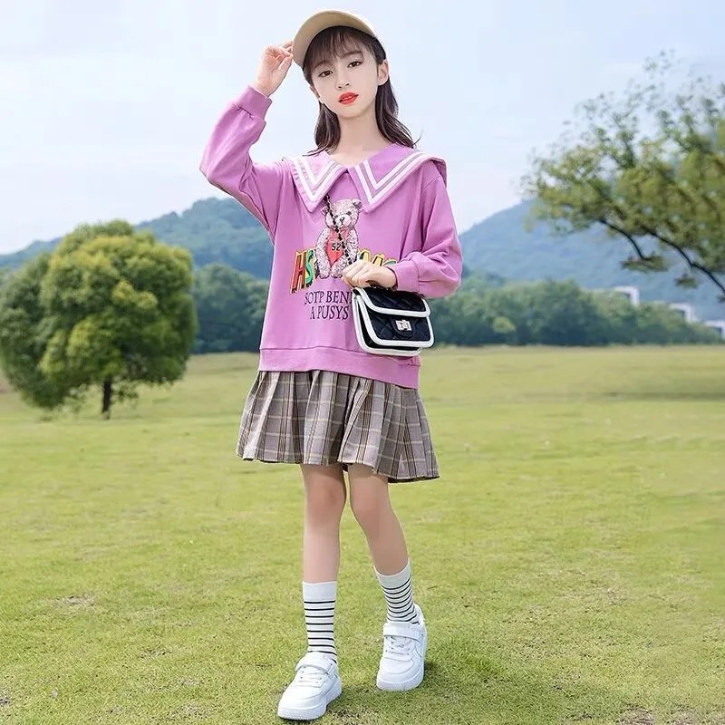 Đầm Giả Hai Mảnh Tay Dài Cổ Bẻ In Họa Tiết Chú Gấu Thời Trang Xuân Thu Cho Bé Gái 8 10 12 14 Tuổi