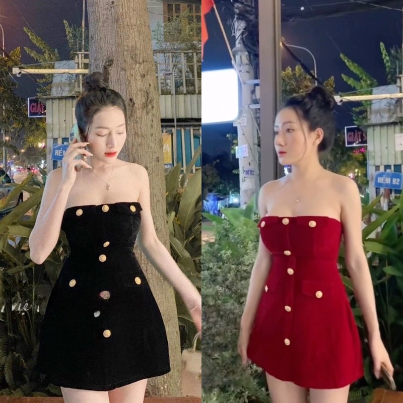 Jum Ống Nhung Đính Khuy Đồng Dáng Xoè Ngắn