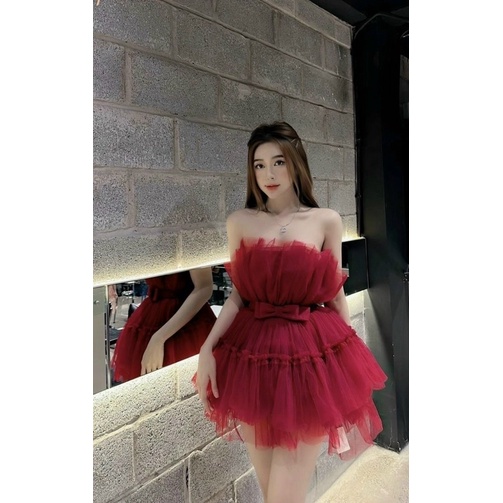 Đầm lưới xoè cúp ngực đính nơ eo Trắng Hồng Đỏ Váy đi chơi Noel dạo phố dự tiệc sang trọng party sinh nhật hotgirl tk