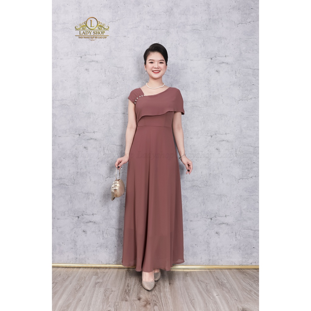 Đầm Maxi dạ hội voan tơ đỏ chéo vai kết trai Ladyshop thời trang trung niên cao cấp T8