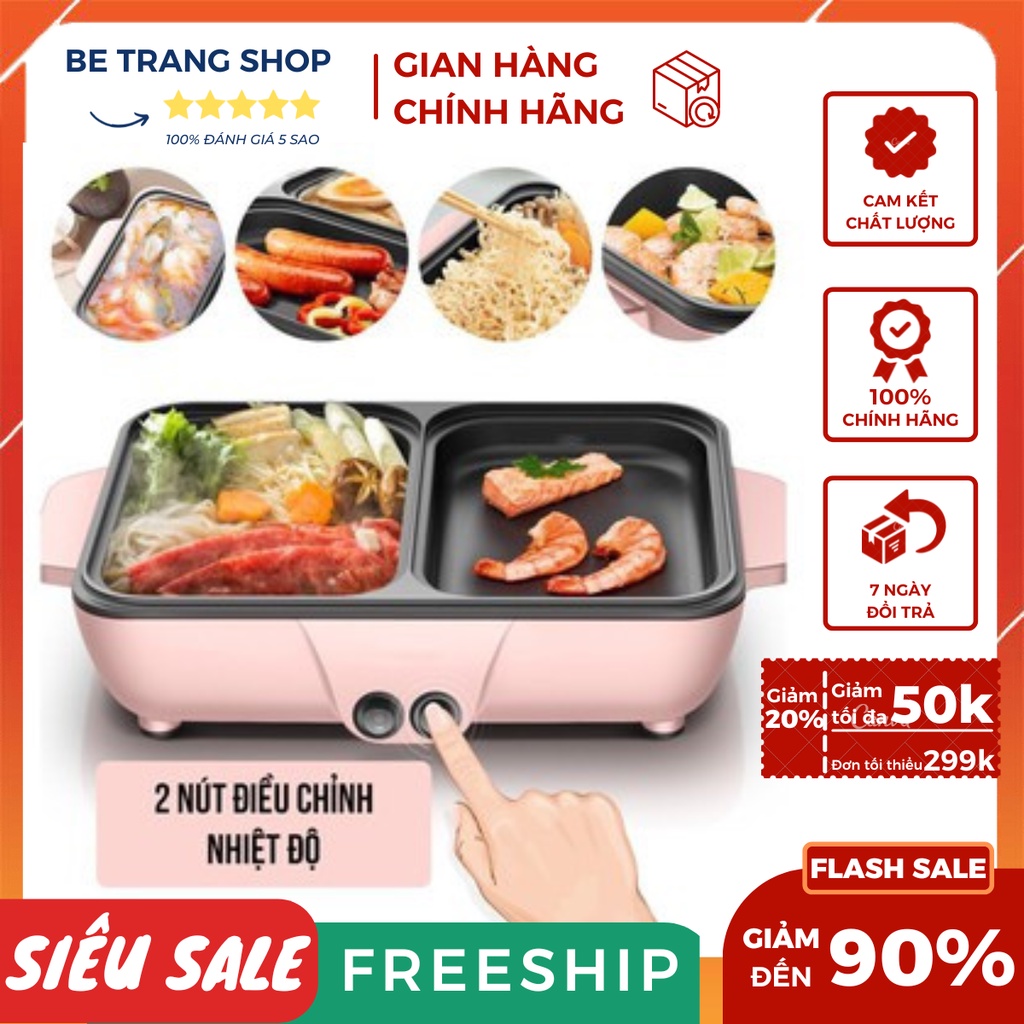 Bếp Lẩu Nướng 2 Ngăn, Nồi Lẩu Mini Hàn Quốc 2 in 1 Đa Năng