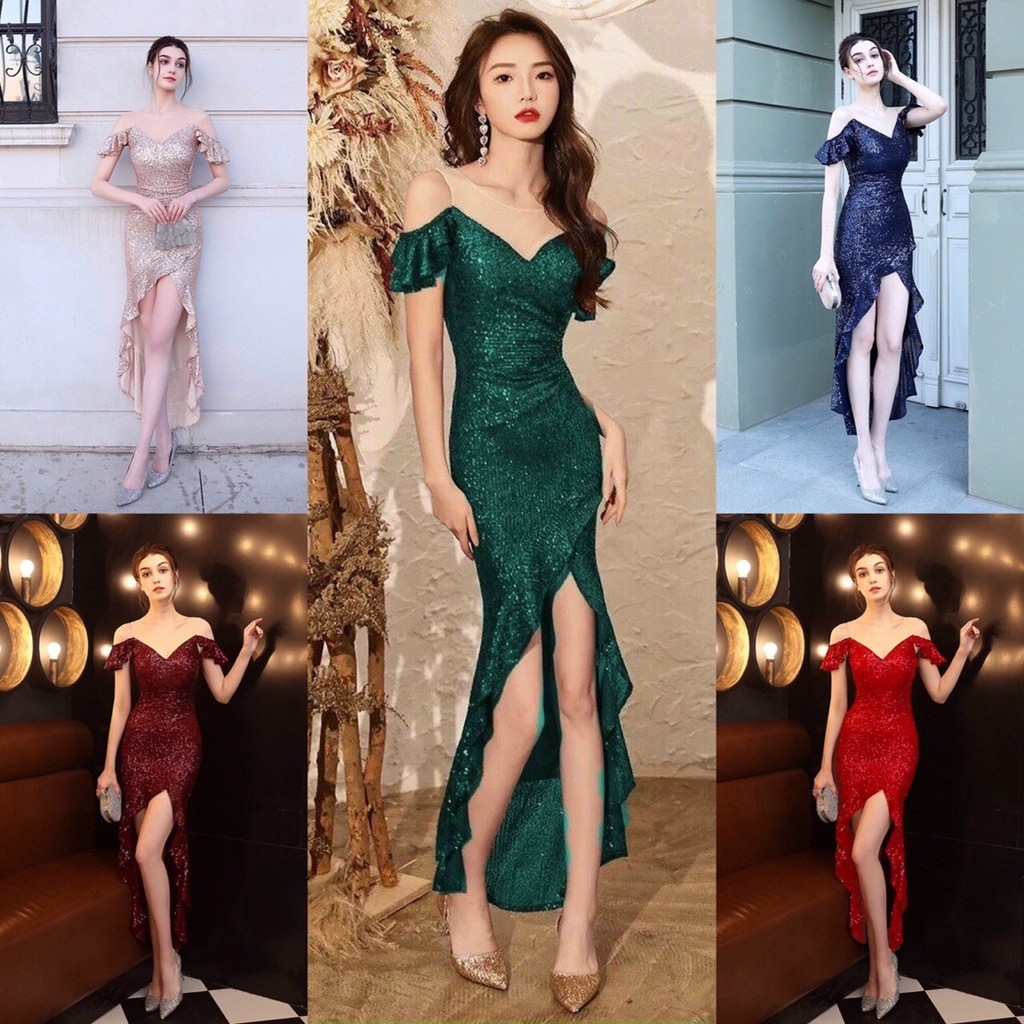 Đầm dự tiệc kim sa đuôi cá rớt vai