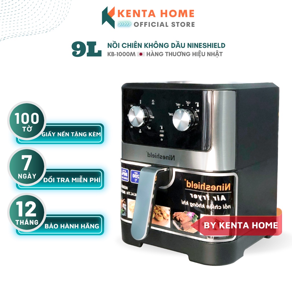 Nồi chiên không dầu NINESHIELD 9 Lít nút cơ, thương hiệu Nhật, công suất 1500W vỉ nướng rời chống dính - Hàng chính hãng