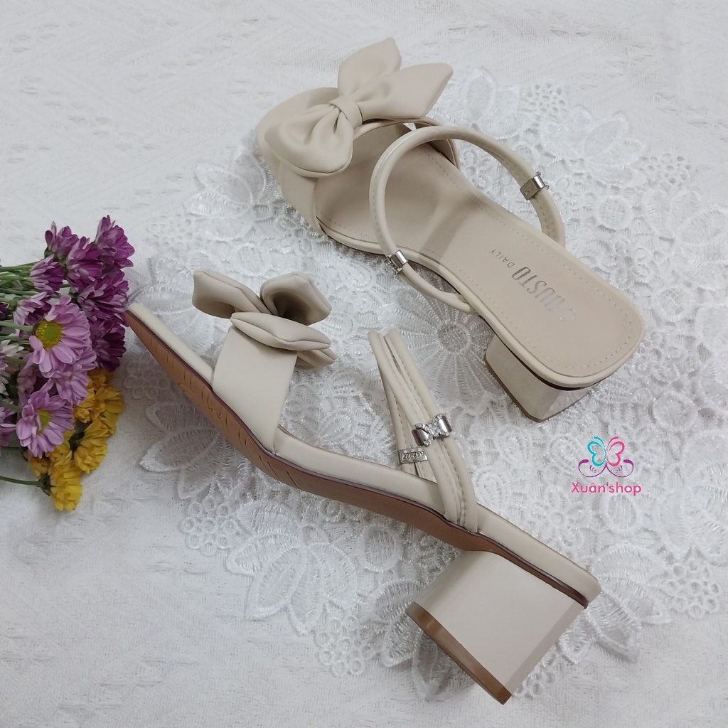 Giày sandal nữ Dusto gót vuông 6cm, quai đính nơ xinh xắn (size 38)