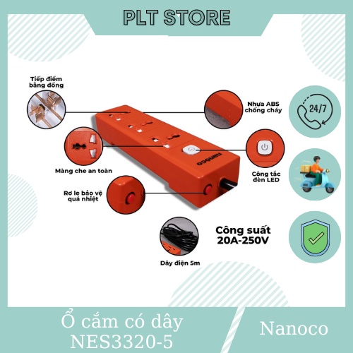 Ổ cắm có dây loại 3 ổ cắm đa năng + 1 công tắc chịu nhiệt cao , dây dài 5 mét , công suất 20A-250V Nanoco NES3320-5
