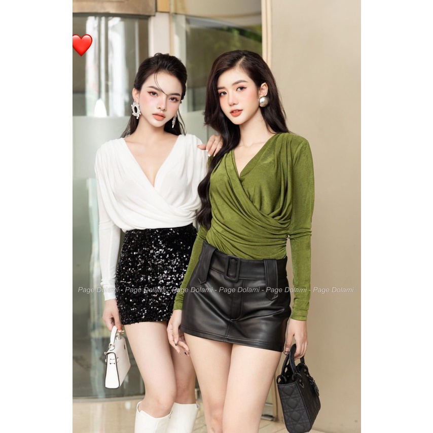 Áo thun kiểu nữ dáng ngắn kiểu đắp chéo trơn dáng ngắn chất nhung rũ mềm tay dài xinh xắn