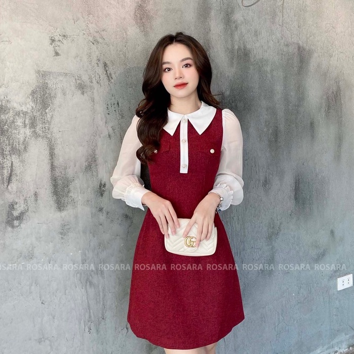 Váy Đầm Đỏ Phối Tơ Thiết Kế Dài Tay Bồng Thời Trang Công Sở Nữ Sang Trọng Rosara V56