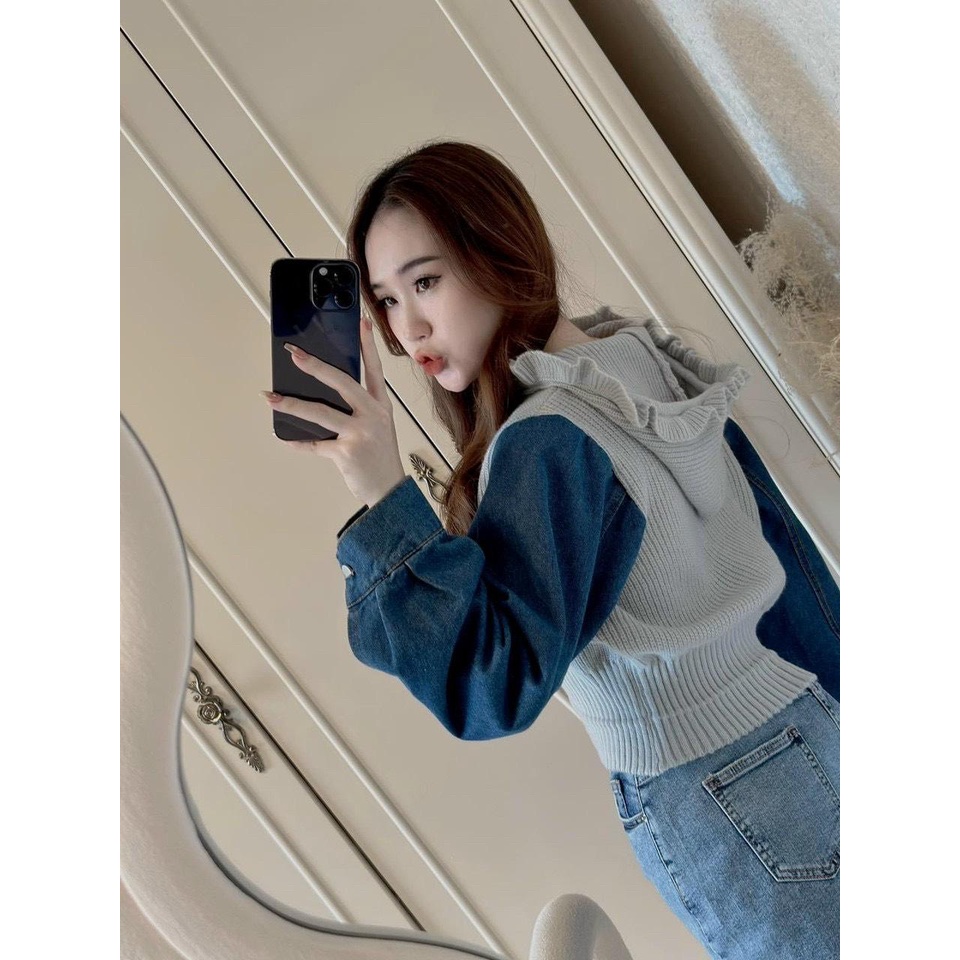 Áo khoác len nữ tay dài phối jean có nón hàng nhập