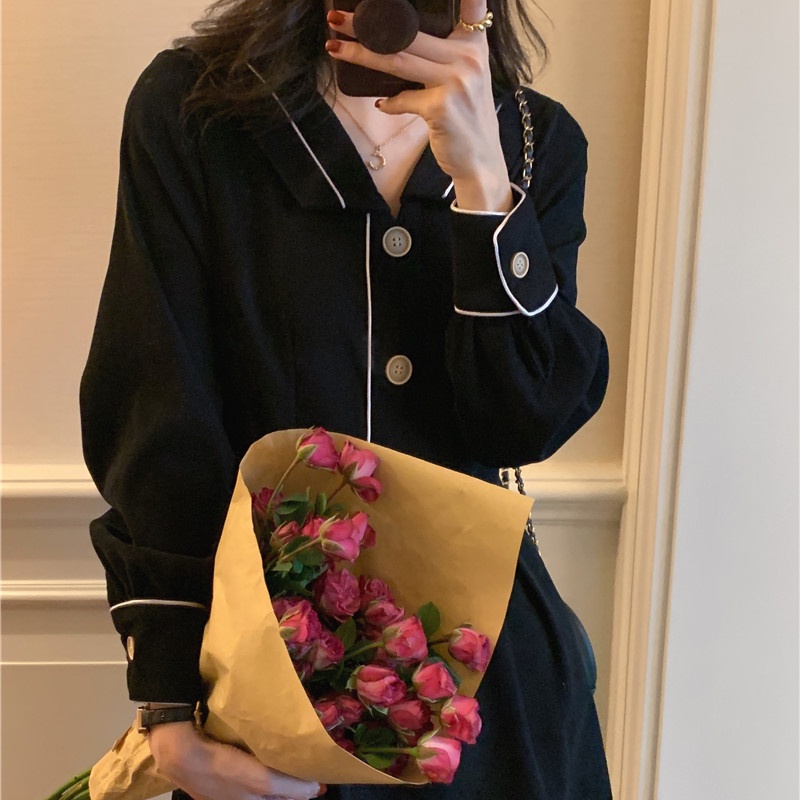 Đầm SUXI dáng chữ A cổ bẻ màu sắc vintage thời trang mùa thu phong cách Hàn Quốc