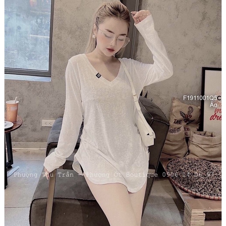 Áo thun giấy dài tay cổ V tem chữ TT1911