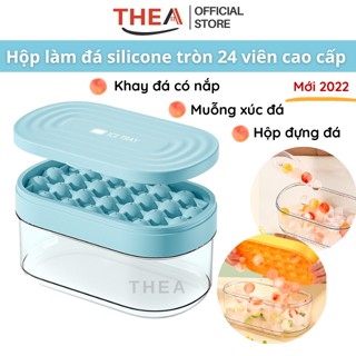 Khay làm đá silicone 24 viên tròn có nắp đậy thông minh để tủ lạnh có hộp đựng, muỗng xúc đá tiện dụng – THEA