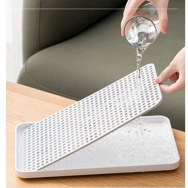 Khay trà hai lớp nhựa để bàn đựng cốc thoát nước kệ bát đĩa babo
