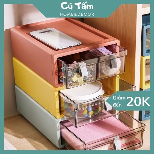 Tủ nhựa để bàn, hộp nhựa xếp tầng có ngăn trong suốt đa năng phong cách Morandi