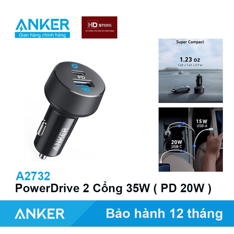 Tẩu sạc nhanh Ô tô Anker PowerDrive 35W 2 Cổng Sạc nhanh 20W - A2732  Bảo hành 12 tháng Xe Hơi HD Store