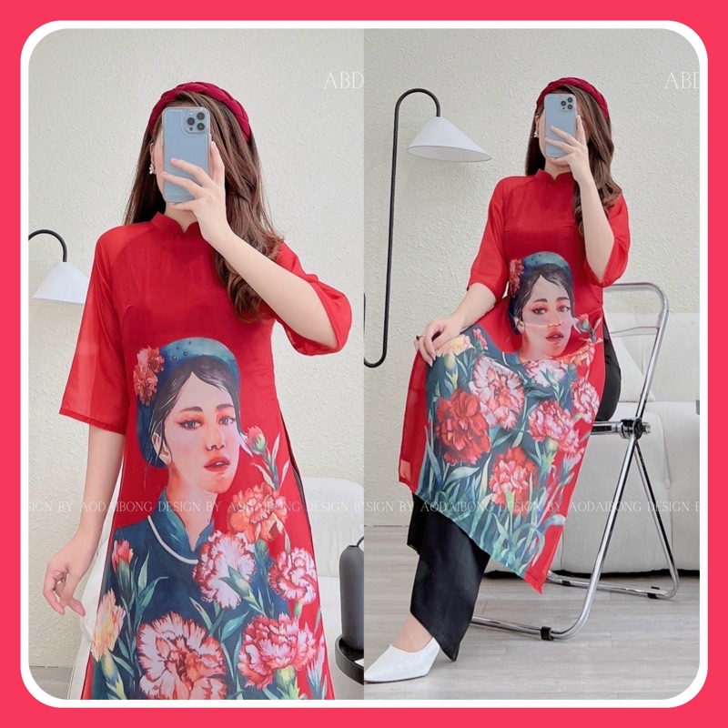 (Có sẵn, Có Bigsize) set áo dài cách tân mặc Tết in hình cô gái AD03