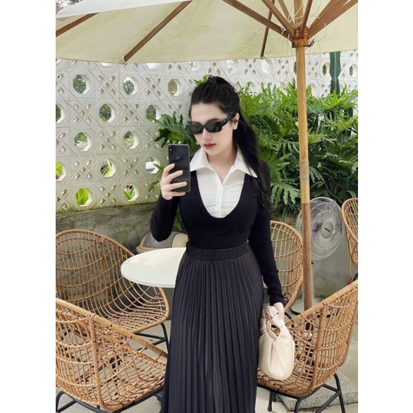 Áo sơmi phối len body suit