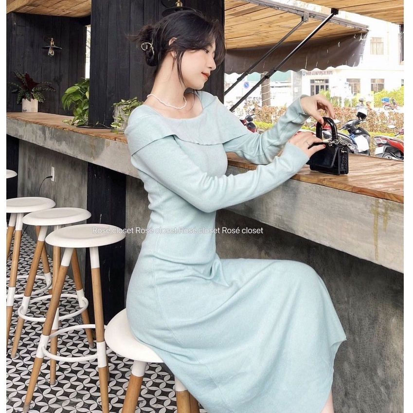 Váy len tay dài ôm body đuôi cá Rose Closet suông nữ xanh mint xanh ngọc tôn dáng size S M L cổ thuyền