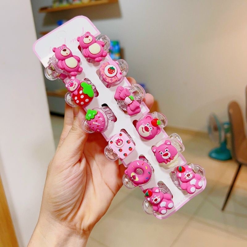 Vĩ 10 kẹp càng cua mini đính icon Gấu dâu hồng Lotso