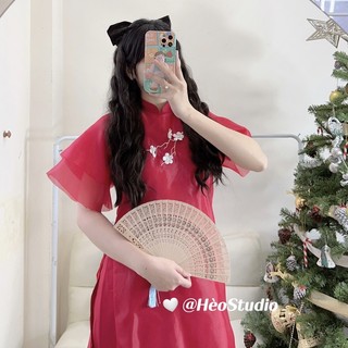 Set Áo Dài Voan Đỏ Đính Hoa Hèo Studio (Ảnh Thật)