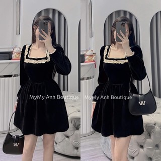 Váy Nhung Cứng Tay Dài Cổ Vuông Viền Ren (loại 1) Đầm Nhung xoè Tôn Eo Tay Dài