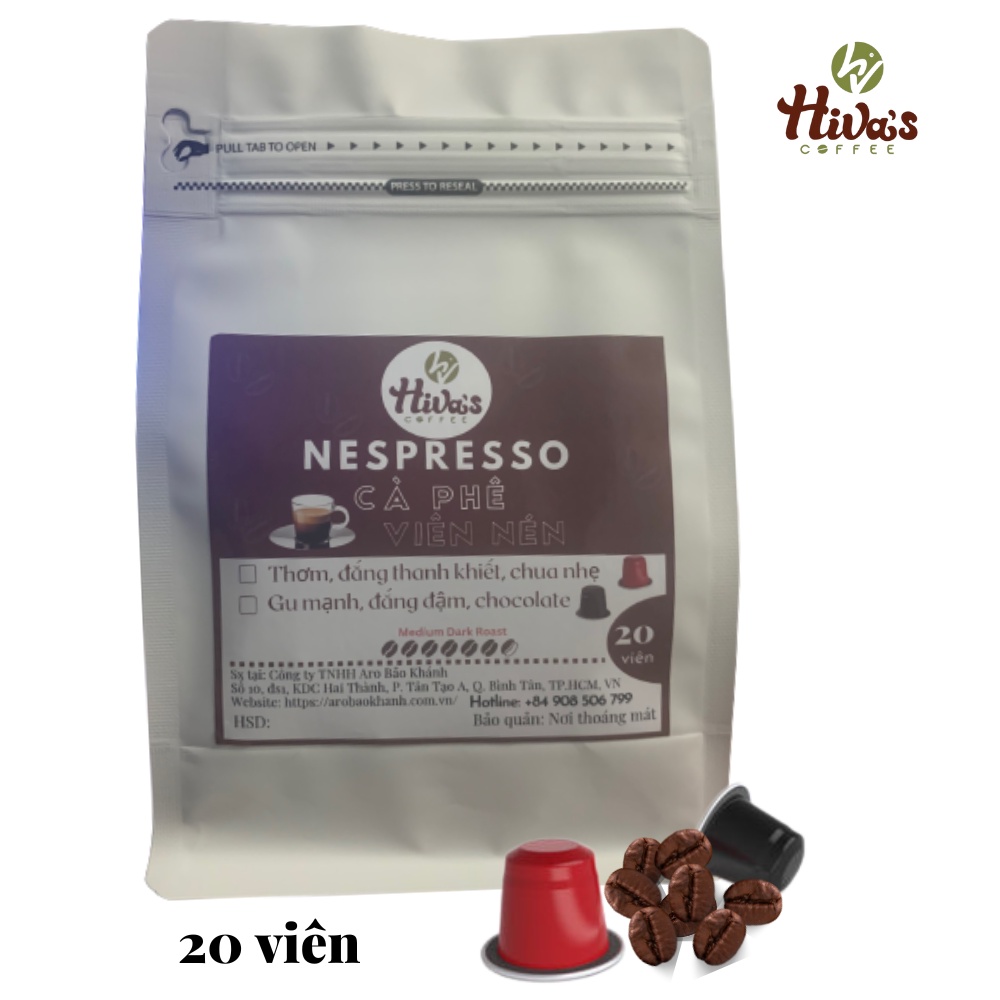 Cà phê viên nén Nespresso chính hãng Hiva's coffee - Túi 20 viên - Thơm đậm đà nguyên chất cà phê sạch