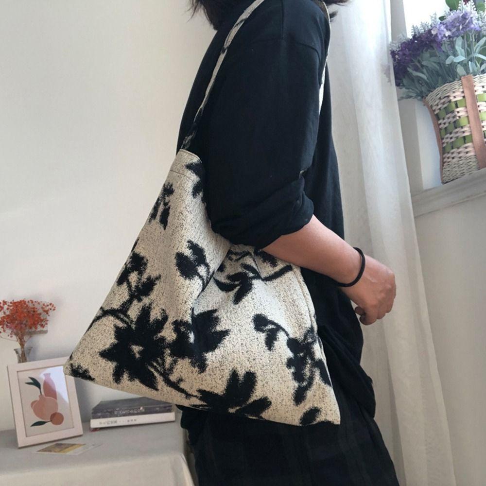 FALLFORBEAUTY Túi Xách Vải Jacquard Trắng Đen In Họa Tiết Phong Cách Trung Hoa