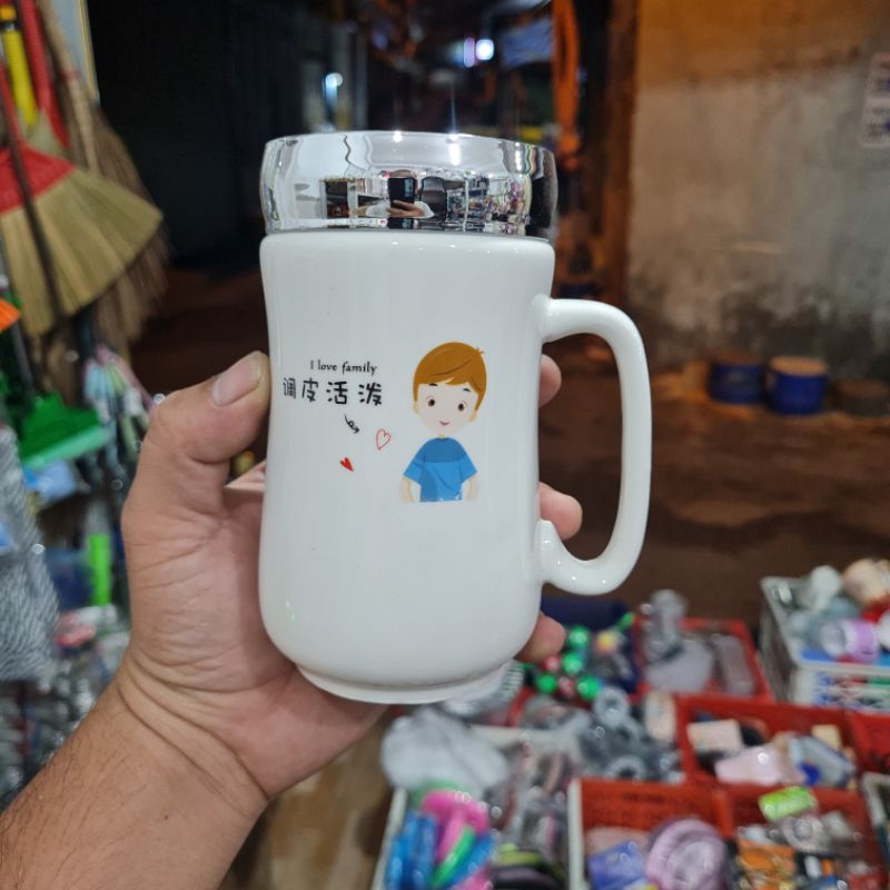 Ly cốc sứ CAO CẤP giữ nhiệt nắp Inox gương soi 350ml - Hàn Quốc